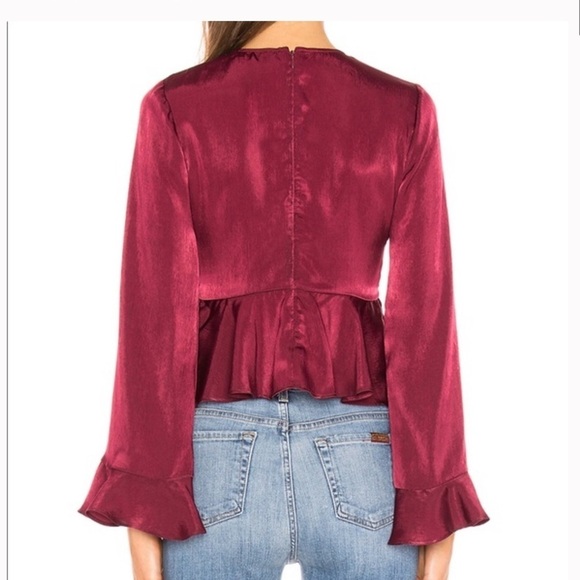LOVERS + FRIENDS / Grenadine maroon burgundy satin tie front plunge Top medium - Picture 3 of 6